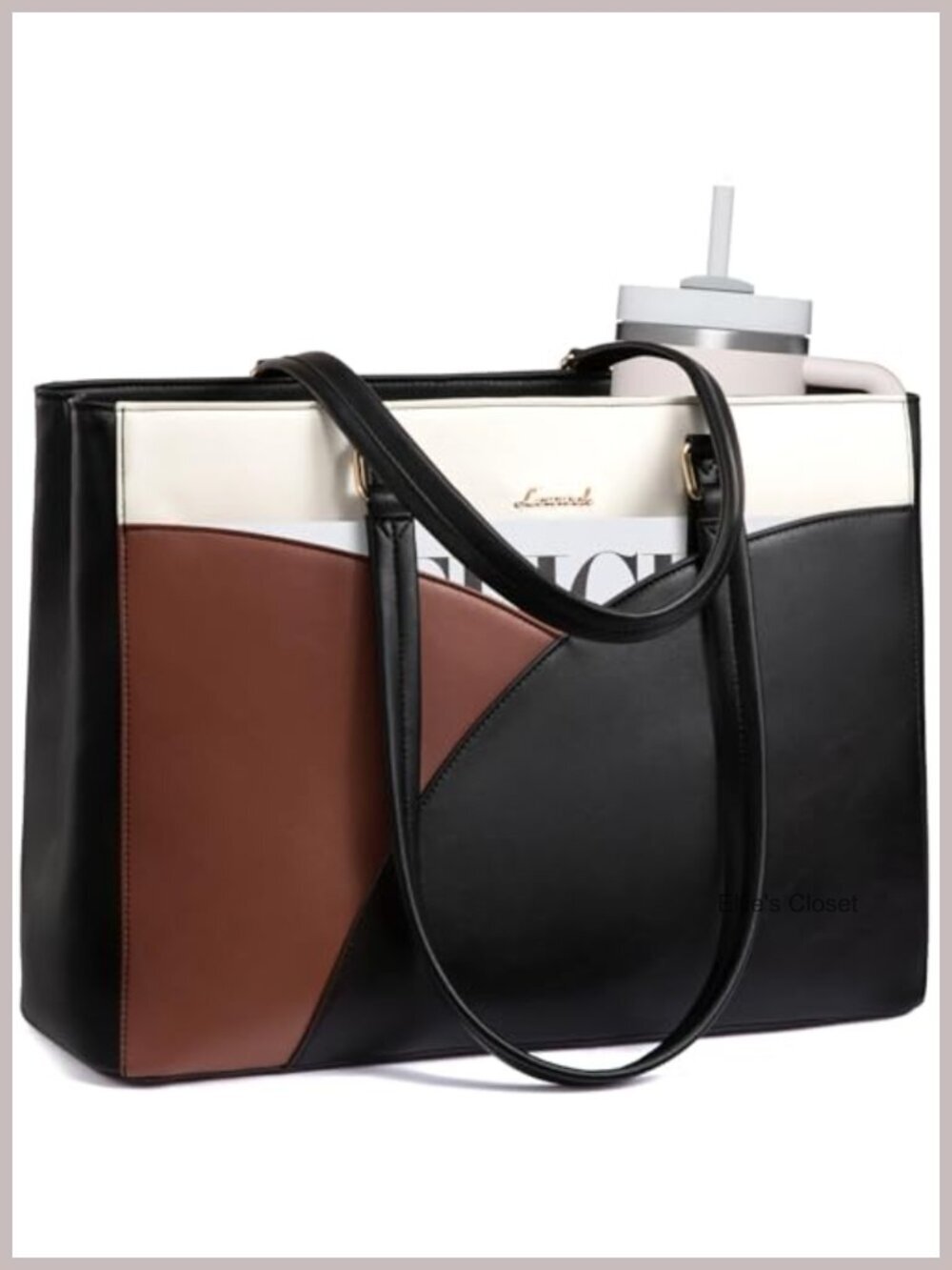 Waterproof Faux Leather Laptop Tote Bag, 15.6 Inch Work Briefcase